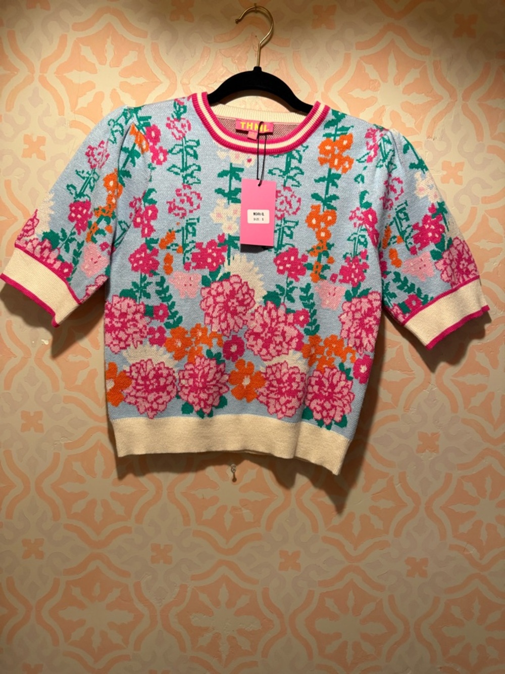 THML Floral Knit Short-Sleeve Top in Light Blue, Pink & Orange-